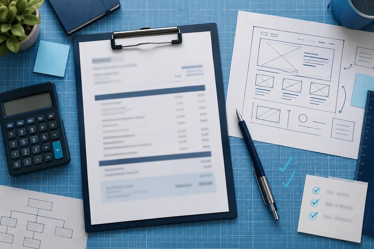 Web design quote on a clipboard with checkmarks and a wireframe sketch, used to check what a custom website costs