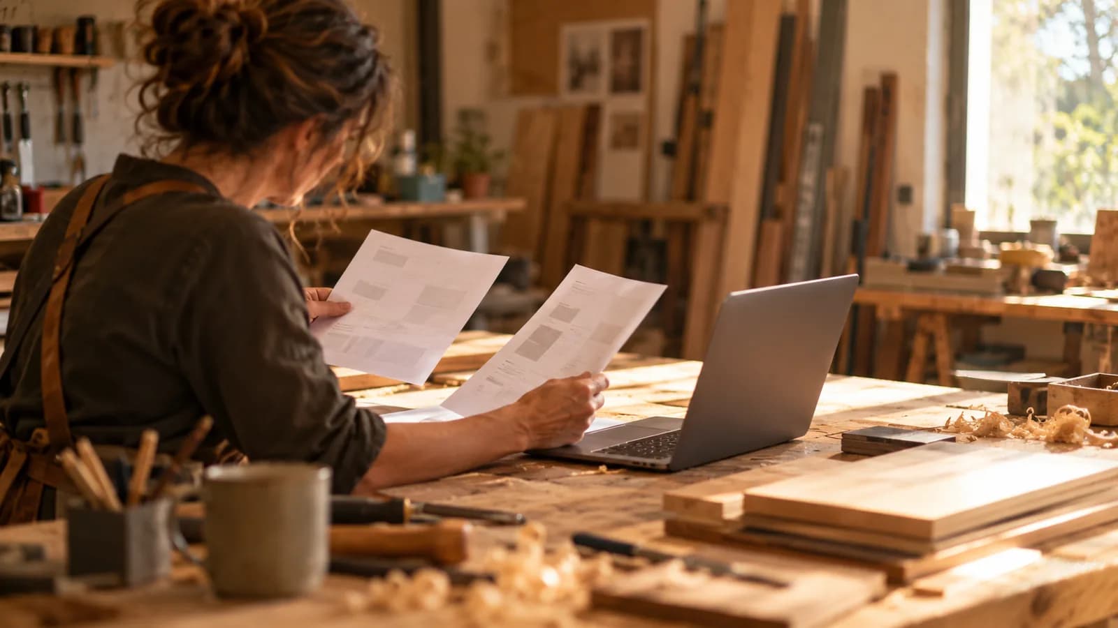 Inhaberin einer Tischlerei vergleicht am Werkbanktisch Angebote, um ihre Homepage erstellen zu lassen