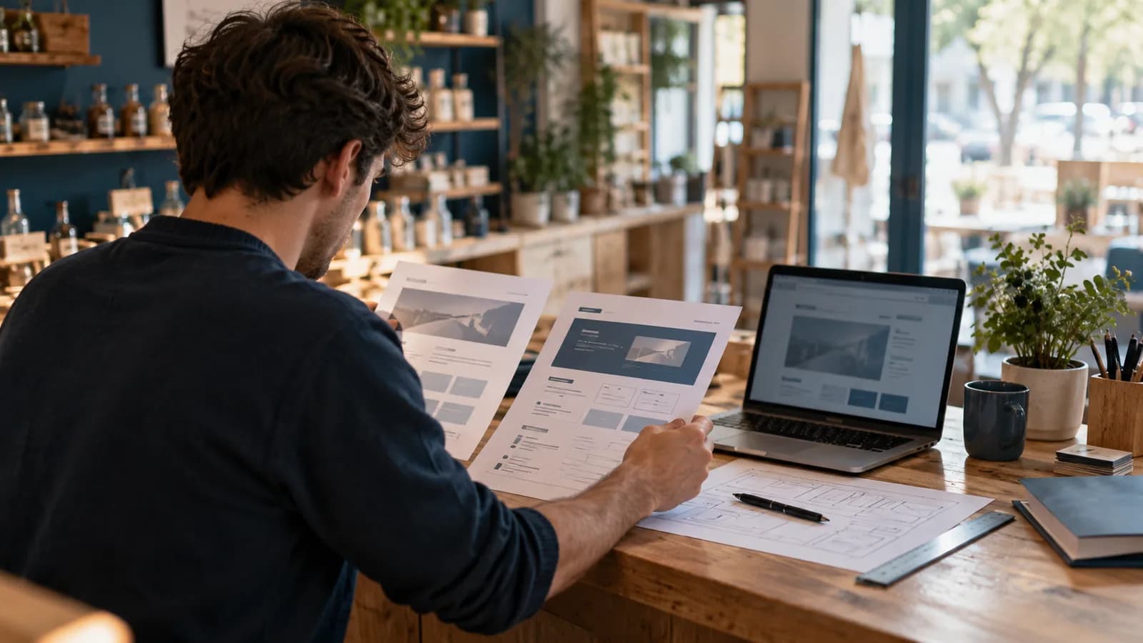 Small business owner comparing two quotes at a shop counter to work out how much a website costs to build
