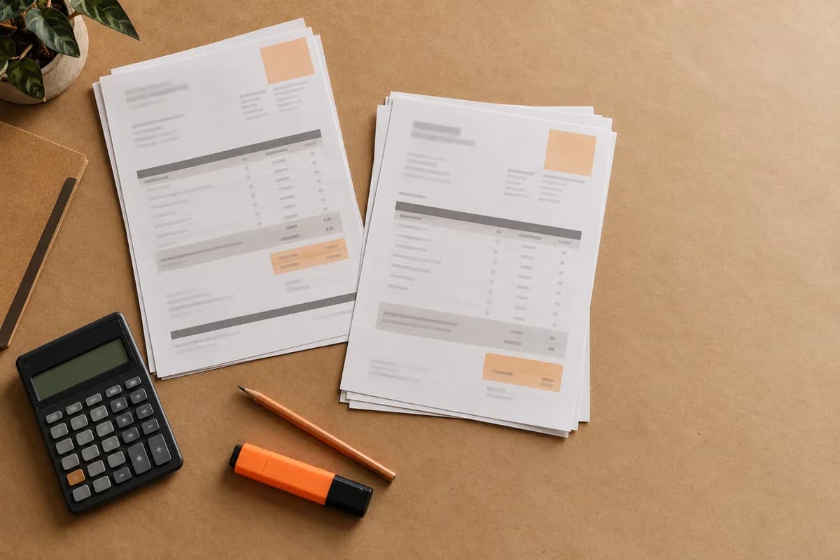 Zwei ausgedruckte Angebote für Webdesign, Taschenrechner und Stift auf Packpapier beim Vergleich der Webdesign Preise