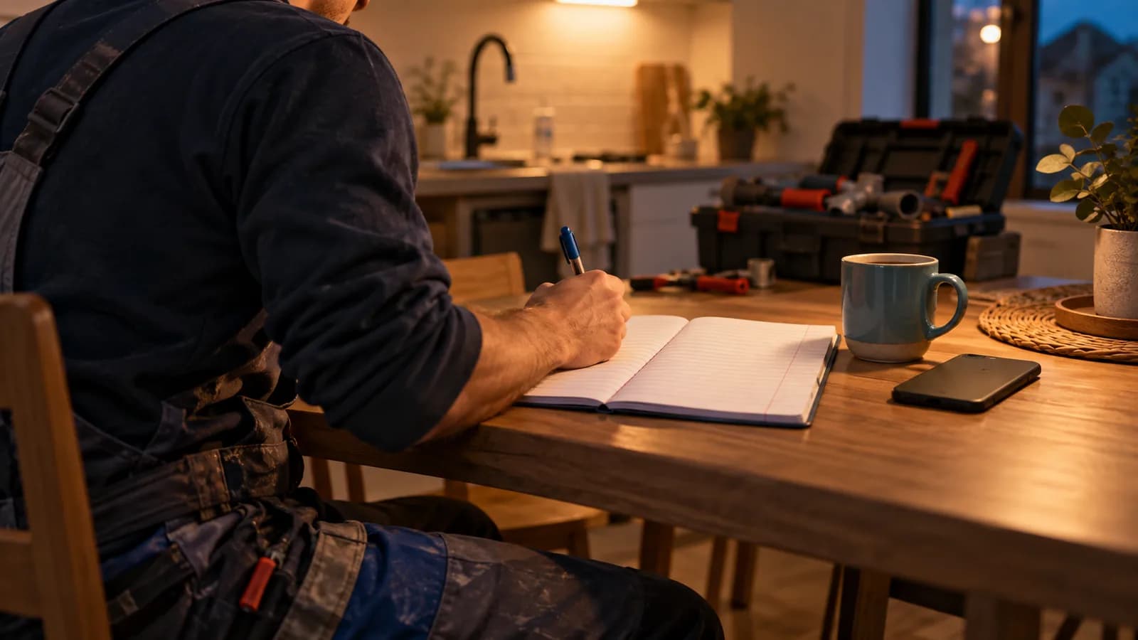 Artisan plombier rédigeant à la main le cahier des charges de son site internet sur un cahier d'écolier