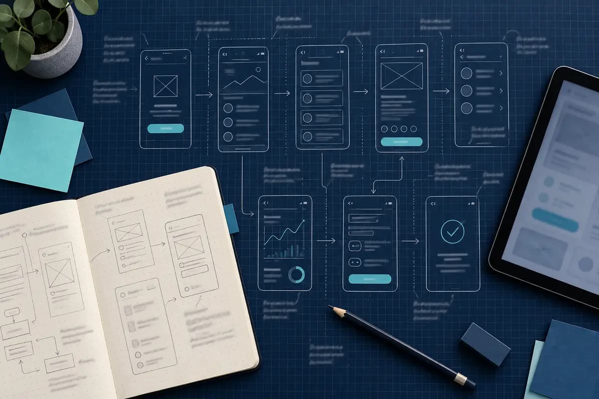 Plan de cadrage d'un logiciel sur mesure dessiné sur papier quadrillé, avec carnet et tablette, pour un projet de développement logiciel à Tarbes