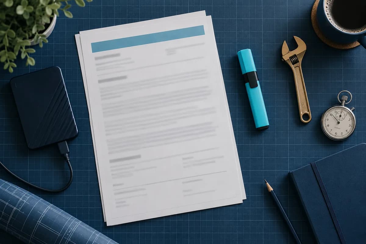 Contrat de maintenance posé sur un papier quadrillé bleu avec surligneur, clé et disque de sauvegarde pour comparer un tarif maintenance WordPress