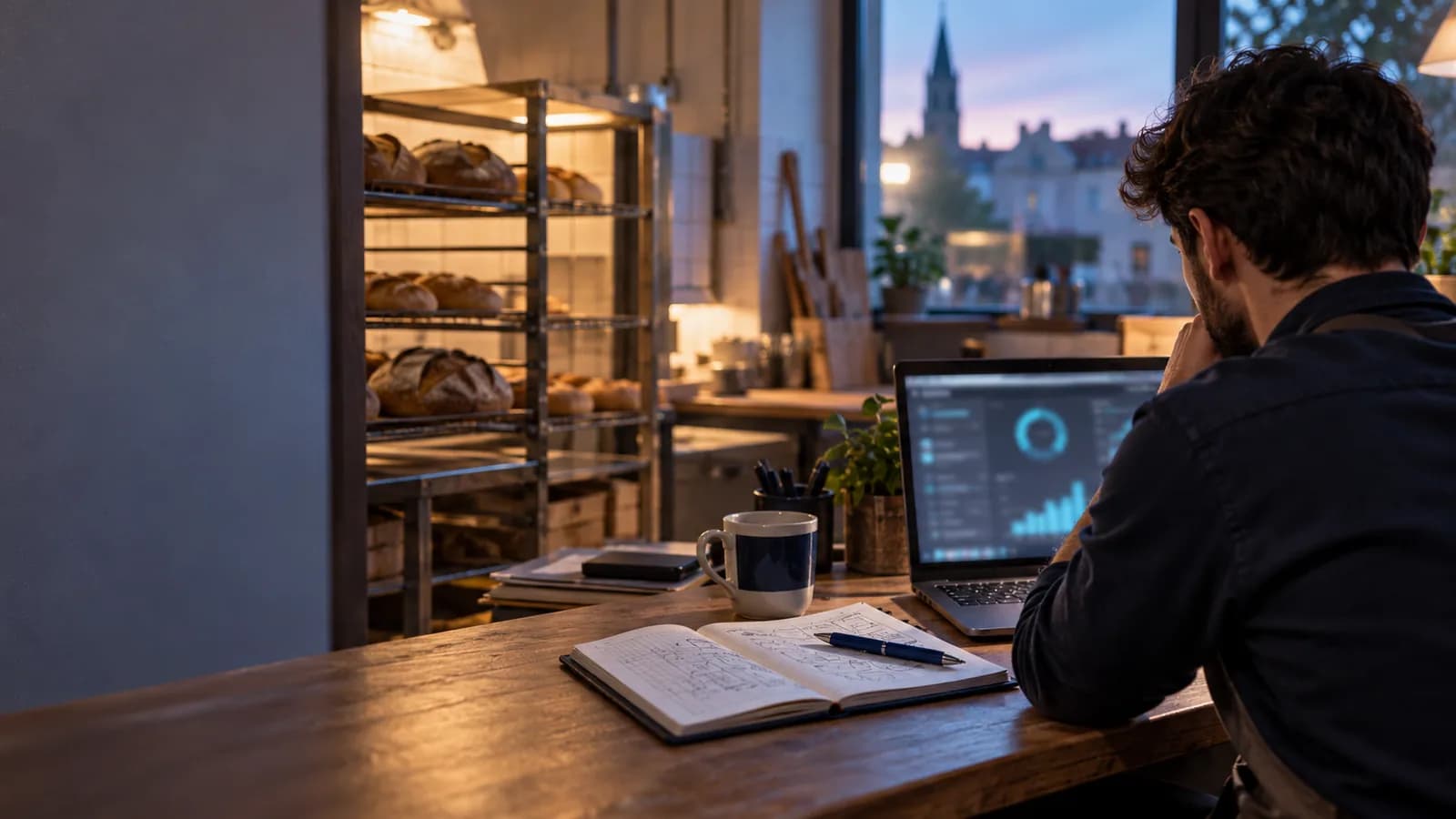 Gérante de boulangerie devant son ordinateur portable, vérifiant la maintenance de son site WordPress en fin de journée