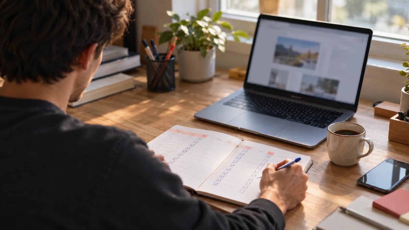 Small business owner reviewing a monthly checklist in a lined notebook while weighing website maintenance cost