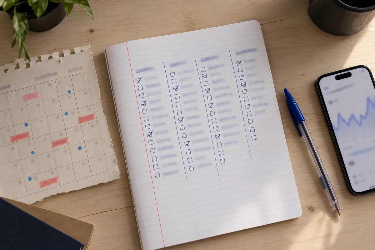 Notebook with four columns of ticked boxes comparing tiers of website maintenance packages, next to a phone and pen