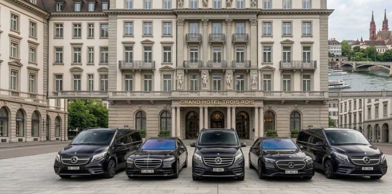 Fünf Mercedes-Fahrzeuge vor einem Grandhotel